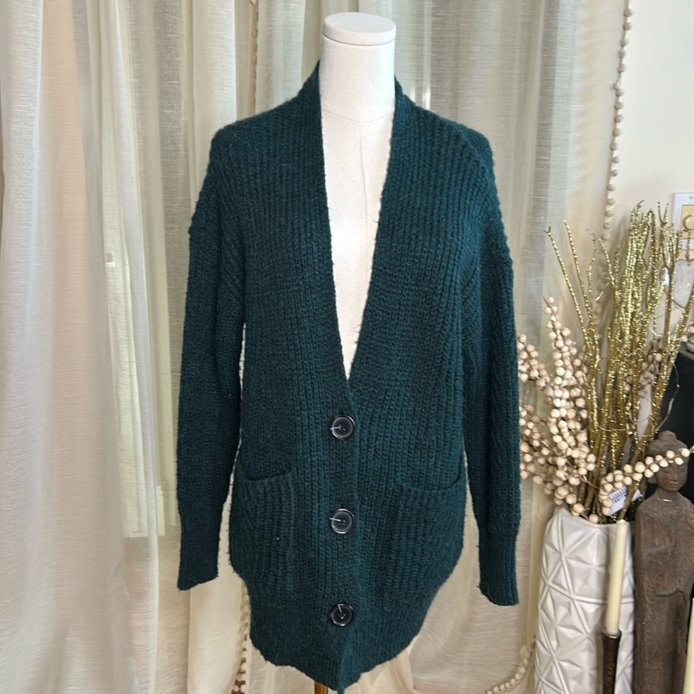 Max Studio Chunky Knit Wool Forest Green Button Oversized Cardigan Sz Small